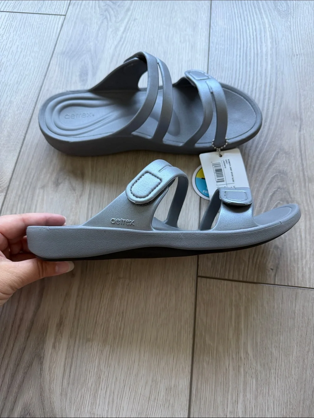 Aetrex Janey Sport Slide NWT Women’s 10 Sandals Grey Velcro Beach Travel Cruise